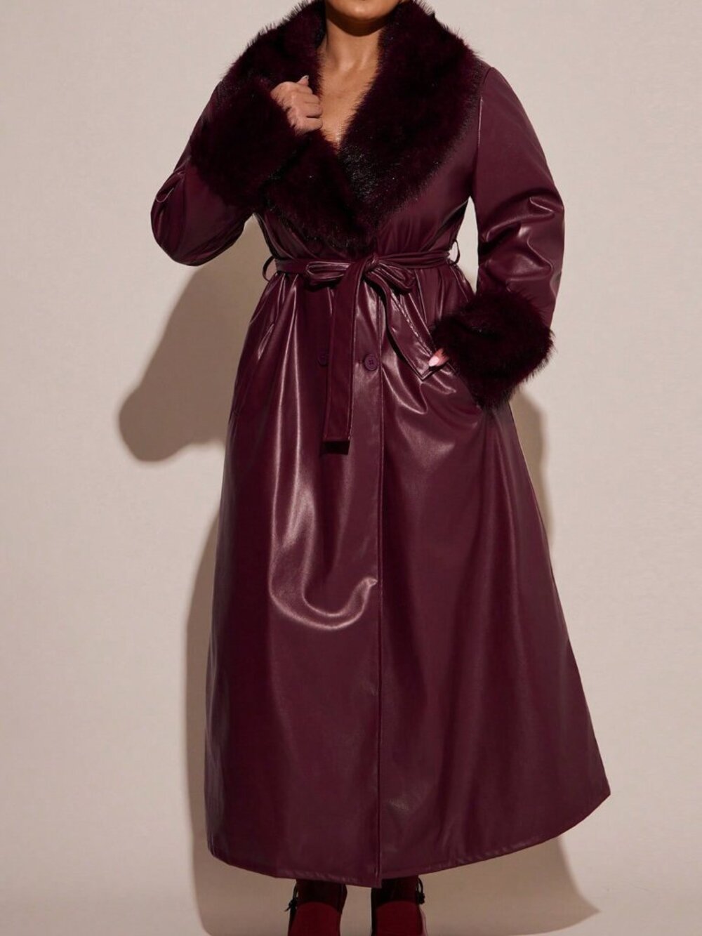 Burgundy Party Women's Long Faux Leather Jacket